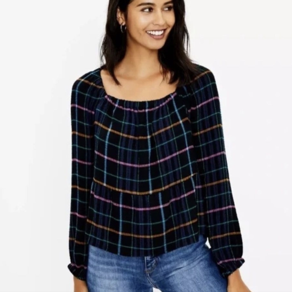LOFT Black Colorful Plaid Square Neck Peplum Blouse Size Medium Long Sleeve